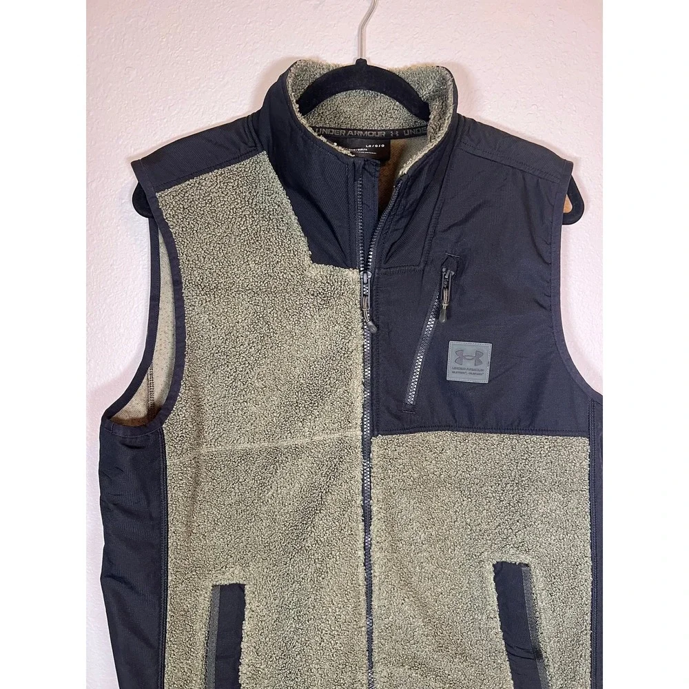 Under Armour Sherpa Fleece Vest Mens Large Green Black‎ Full Zip Ripstop Overlay